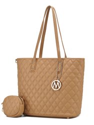 Tansy Quilted Vegan Leather Women’s Tote Bag With Pouch– 2 Pieces - Tan