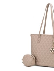 Tansy Quilted Vegan Leather Women’s Tote Bag With Pouch– 2 Pieces - Taupe