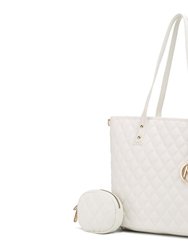 Tansy Quilted Vegan Leather Women’s Tote Bag With Pouch– 2 Pieces - White