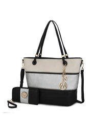 Vallie Color Block Vegan Leather Women’s Tote Bag With Matching Wallet – 2 Pcs - Black/Silver