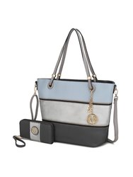 Vallie Color Block Vegan Leather Women’s Tote Bag With Matching Wallet – 2 Pcs - Charcoal/Pewter/Denim