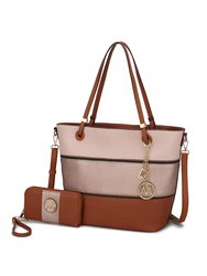 Vallie Color Block Vegan Leather Women’s Tote Bag With Matching Wallet – 2 Pcs - Cognac/Rose Gold/Blush