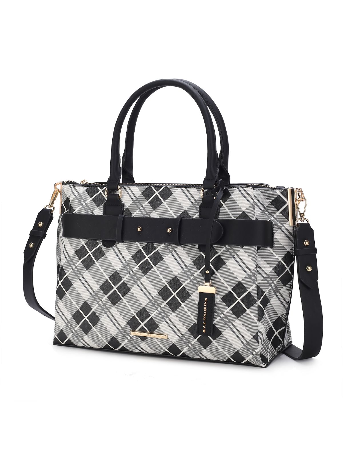 MKF Collection Plaid Satchel Bag, Vegan Leather Top Handle