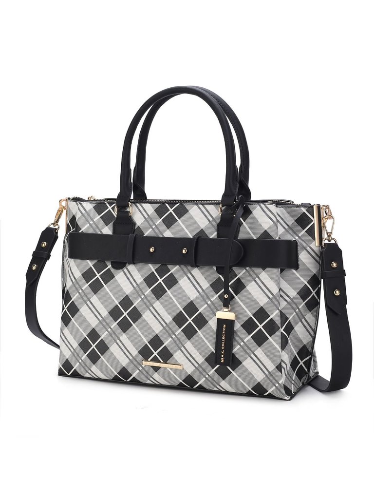 Vivian Plaid Pattern Vegan Leather Women’s Satchel Bag - Black