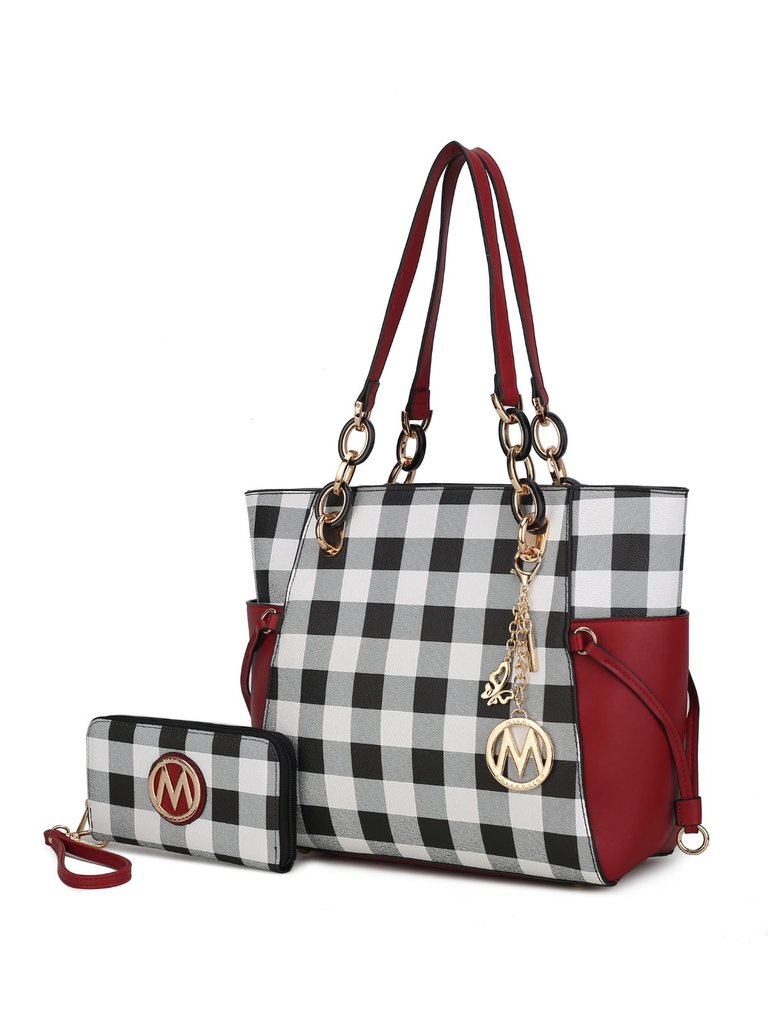 Yale Checkered Tote Handbag With Wallet - Red