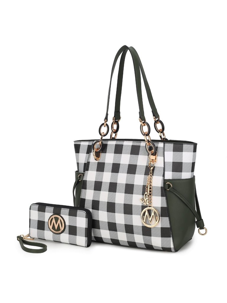 Yale Checkered Tote Handbag With Wallet - Olive