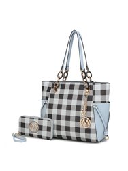 Yale Checkered Tote Handbag With Wallet - Light Blue