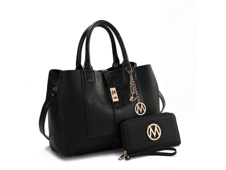 Yola Vegan Leather Satchel Handbag With Wallet - Black