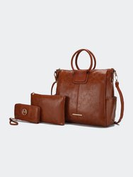 Zori Vegan Leather Women’s Tote Bag with Pouch and Wallet -3 Pieces - Cognac