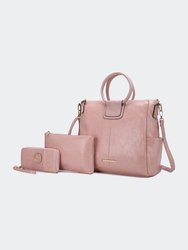 Zori Vegan Leather Women’s Tote Bag with Pouch and Wallet -3 Pieces - Pink