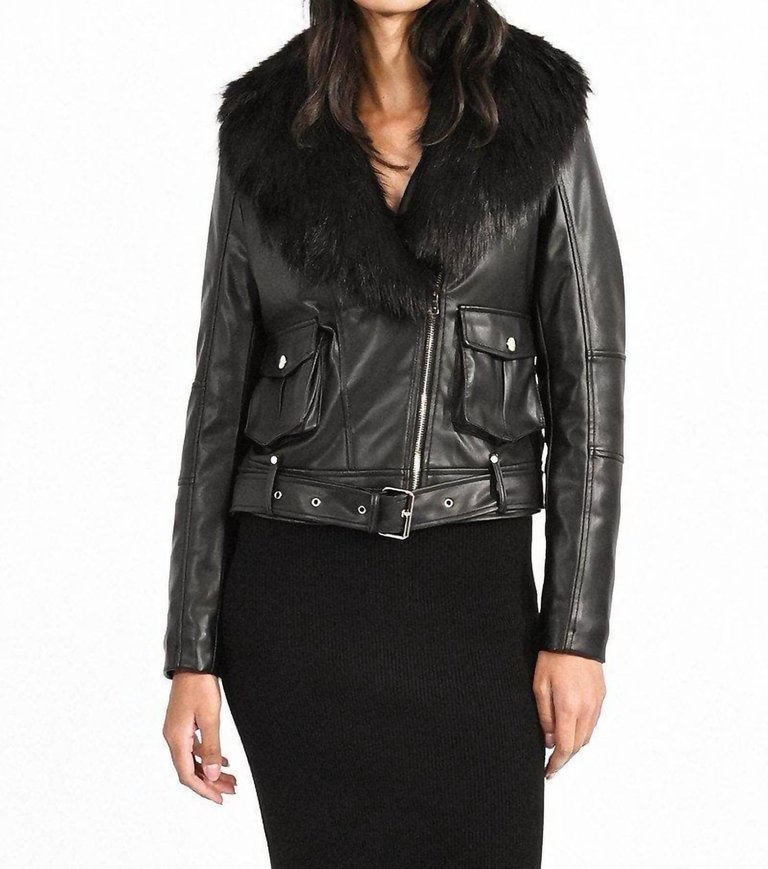 Faux Leather Moto Jacket With Faux Fur Collar In Black - Black