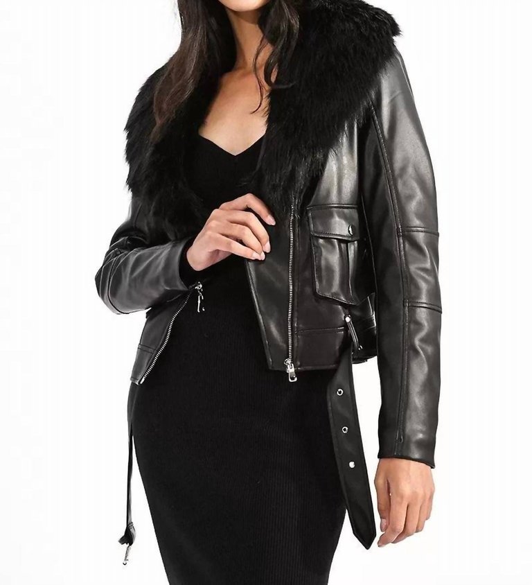 Faux Leather Moto Jacket With Faux Fur Collar In Black