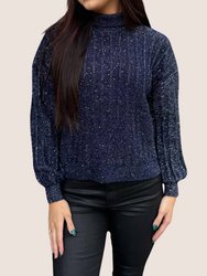 Stand Collar Sweater With Puff Sleeves - Navy