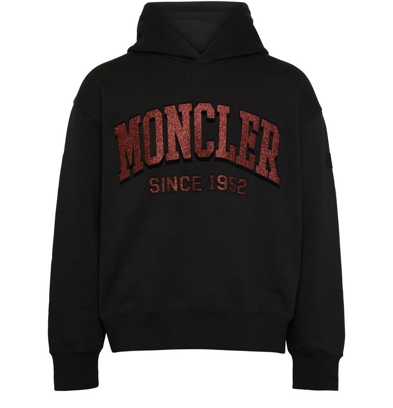 Hooded With Red Glitter Logo Pullover Cotton Sweatshirt - Black