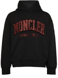 Men Red Glitter Logo Drawstrings Hooded Pullover Cotton Sweatshirt - Black