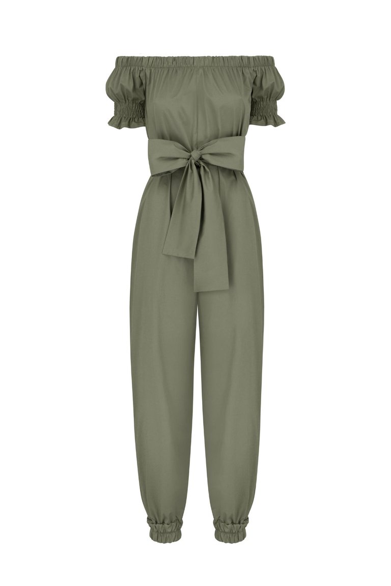 Denise Off Shoulder Jumpsuit In Evergreen