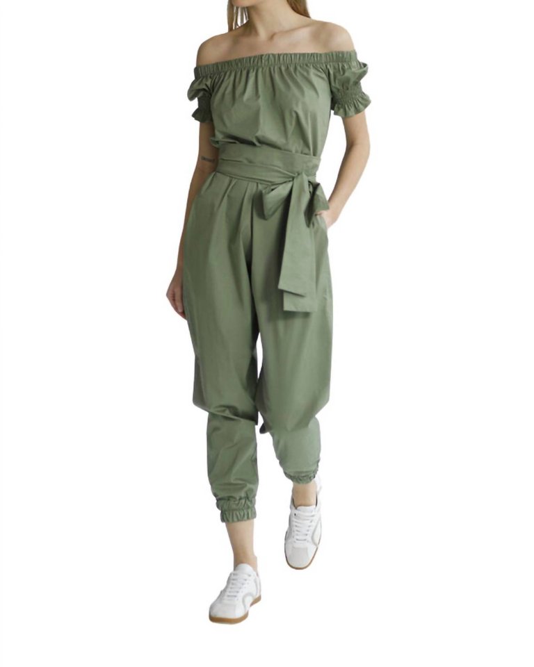 Denise Off Shoulder Jumpsuit In Evergreen - Evergreen