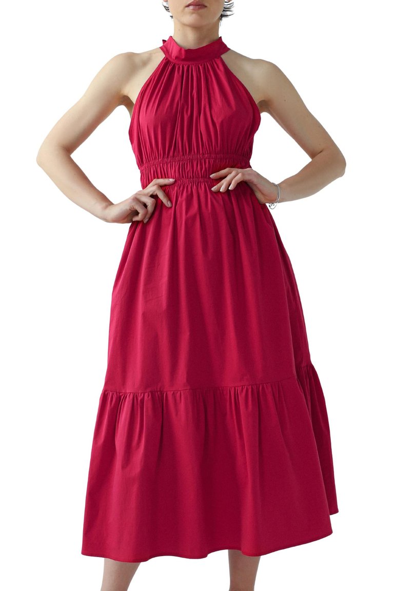 Harper Midi Halter Dress In Cherry Red