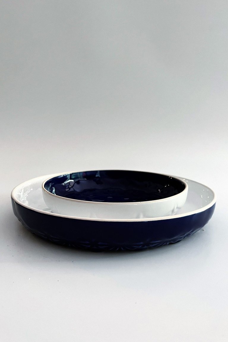 Ak Handmade Ceramic Dinner Plate - Inside White Outside Cobalt Blue--9.64"