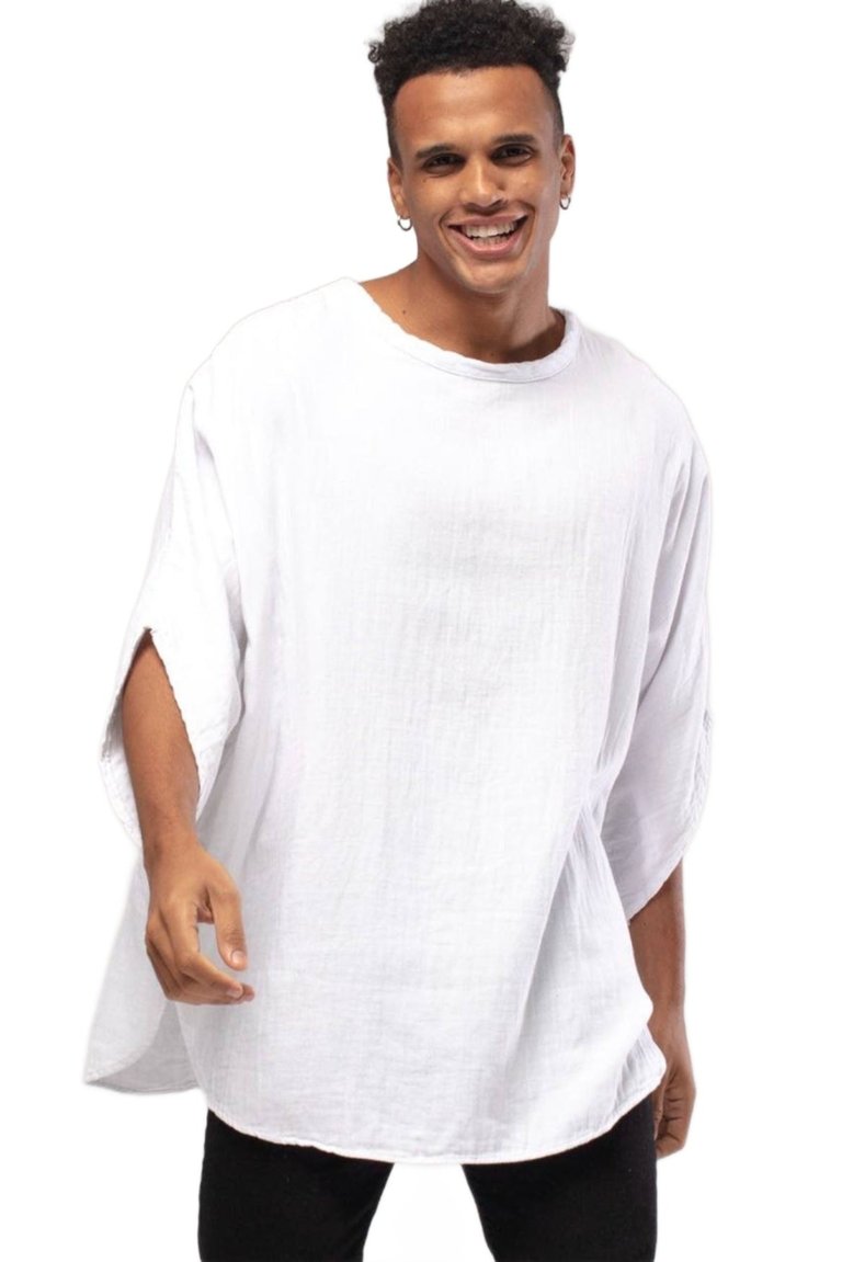 Bohemian Round Neck Bell sleeve Linen Shirt - White - White