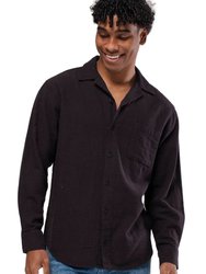 Linen Button Down Long Sleeve Shirt - Black - Black
