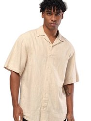 Linen Button Down Short Sleeve Shirt - Beige - Beije