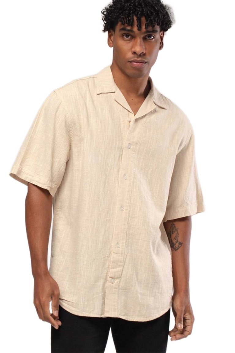 Linen Button Down Short Sleeve Shirt - Beige - Beije