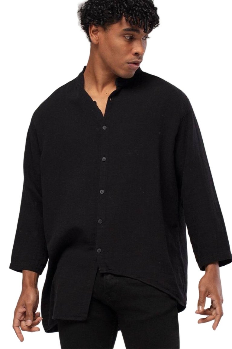 Linen Mandarin Neck 3/4 Sleeve Button Down Asymmetric Shirt-  Black - Black