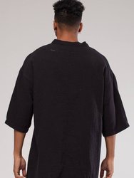 Linen Mandarin Neck Half Button Short Sleeve Shirt - Black