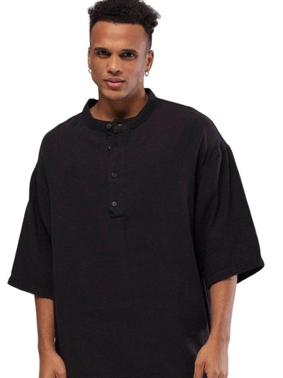 Monique Linen Mandarin Neck Half Button Short Sleeve Shirt - Black product