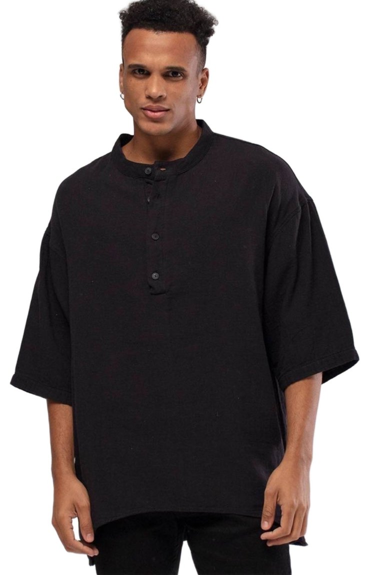 Linen Mandarin Neck Half Button Short Sleeve Shirt - Black - Black