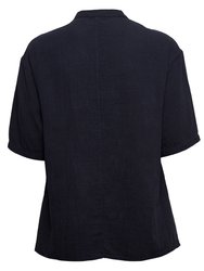 Linen Mandarin Neck Half Button Short Sleeve Shirt - Black