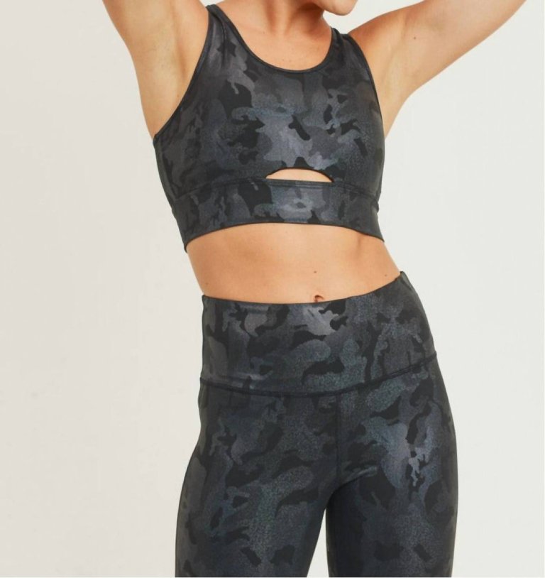 Holographic Microdot Foil Peekaboo Racer Back Sports Bra - Camo Print