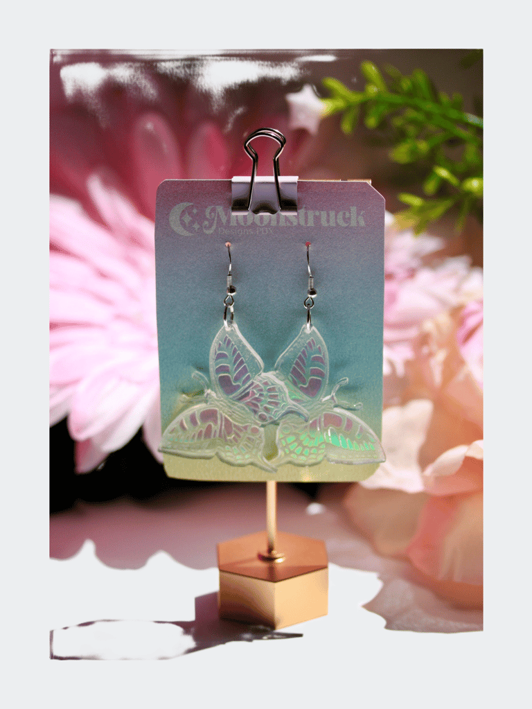 Butterfly Earrings- Winged Creature Moth Monarch Insect Luna Bug Acrylic Laser Cut Iridescent Reflective Rainbow Opalescent Festival Rave - Rainbow