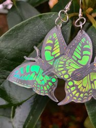 Butterfly Earrings- Winged Creature Moth Monarch Insect Luna Bug Acrylic Laser Cut Iridescent Reflective Rainbow Opalescent Festival Rave
