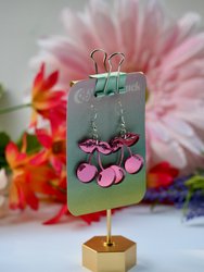 Cherry Earrings - Iridescent Pink Mirrored Fruit Flower Cute Fantasy Prismatic Psychedelic Angelic Kawaii Sparkle Rainbow Blossom Berry Reflective