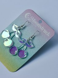 Cherry Earrings - Iridescent Pink Mirrored Fruit Flower Cute Fantasy Prismatic Psychedelic Angelic Kawaii Sparkle Rainbow Blossom Berry Reflective