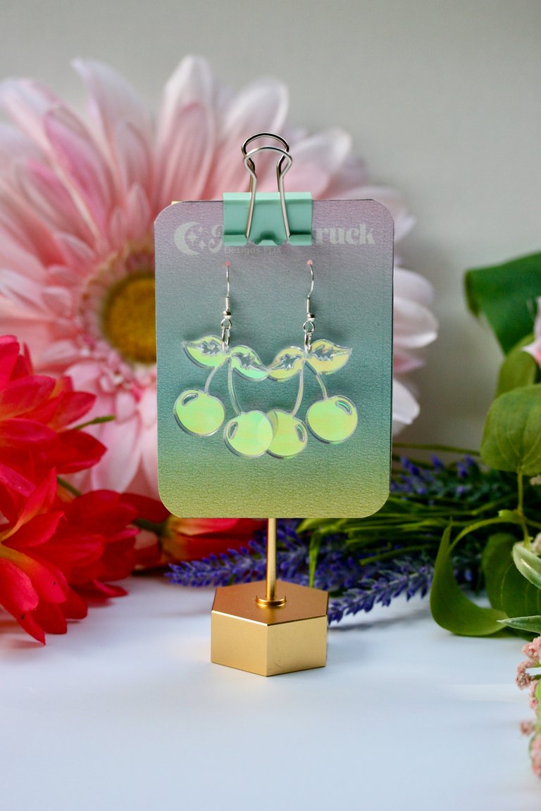 Cherry Earrings - Iridescent Pink Mirrored Fruit Flower Cute Fantasy Prismatic Psychedelic Angelic Kawaii Sparkle Rainbow Blossom Berry Reflective - Iridescent