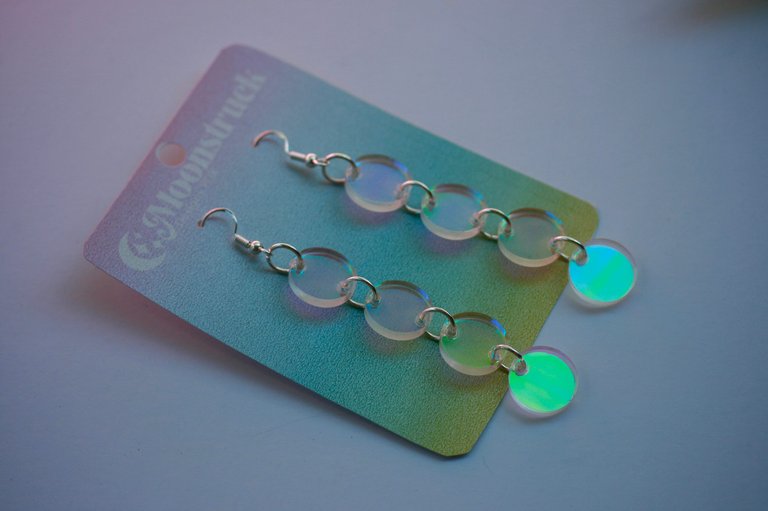 Circle Dot Earrings- Petite Minimalist Lasercut Iridescent Reflective Rainbow Holo Dangle Hanging Festival Rave Party Wear Burning Man - Green/Blue
