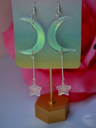 Crescent Moon Earrings - Luna Lunar Celestial Star Weather Planet Wiccan Witchy Goth Cosmic Lasercut Iridescent Reflective Rainbow Dangle