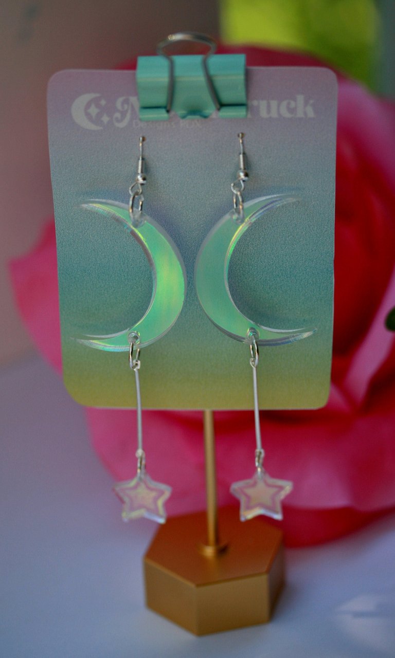 Crescent Moon Earrings - Luna Lunar Celestial Star Weather Planet Wiccan Witchy Goth Cosmic Lasercut Iridescent Reflective Rainbow Dangle