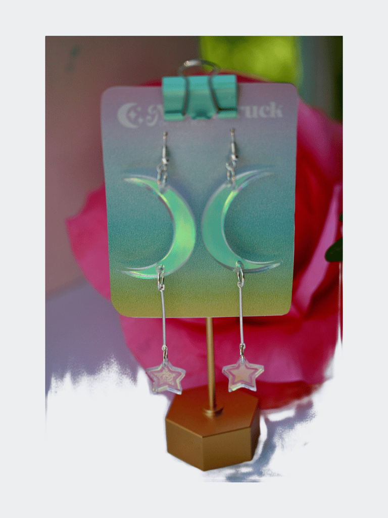 Crescent Moon Earrings - Luna Lunar Celestial Star Weather Planet Wiccan Witchy Goth Cosmic Lasercut Iridescent Reflective Rainbow Dangle - Blue Green