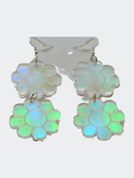 Double Daisy Earrings - Retro Groovy 70s Flower Bloom Blossom Plant Color Shift Jewelry Dangle Acrylic Holo Iridescent Rainbow Reflective