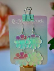 Double Daisy Earrings - Retro Groovy 70s Flower Bloom Blossom Plant Color Shift Jewelry Dangle Acrylic Holo Iridescent Rainbow Reflective