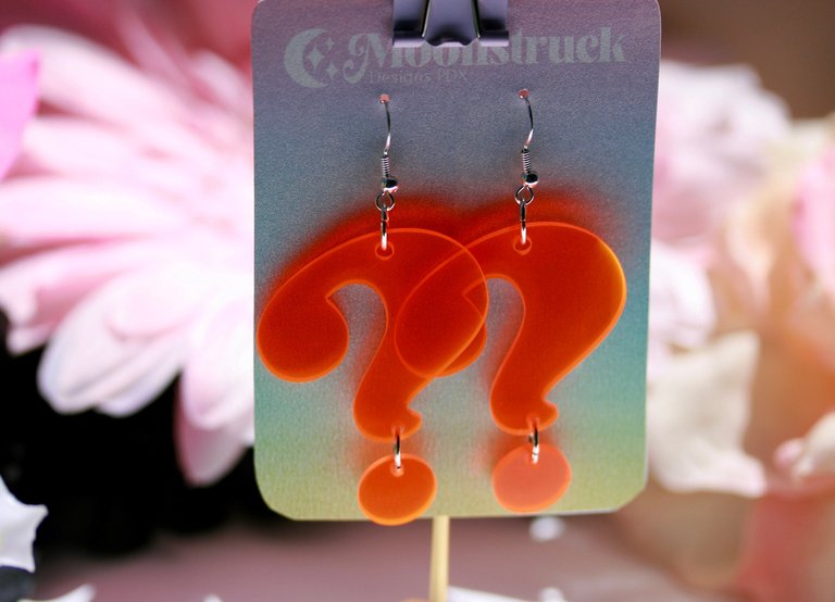 Fluorescent Orange Black Light Reactive Question Mark Puzzle Cryptic Cliffhanger Punctuation Emoji Translucent Lasercut Dangle Earrings