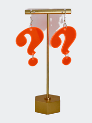 Fluorescent Orange Black Light Reactive Question Mark Puzzle Cryptic Cliffhanger Punctuation Emoji Translucent Lasercut Dangle Earrings