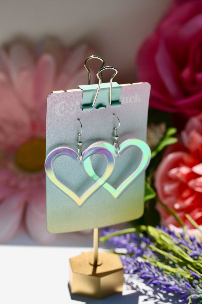 Heart Outline Earrings - Valentine Romantic Dreamy Cutout Emoji Lasercut Iridescent Reflective Rainbow Dangle Festival Rave Party Wear Holo