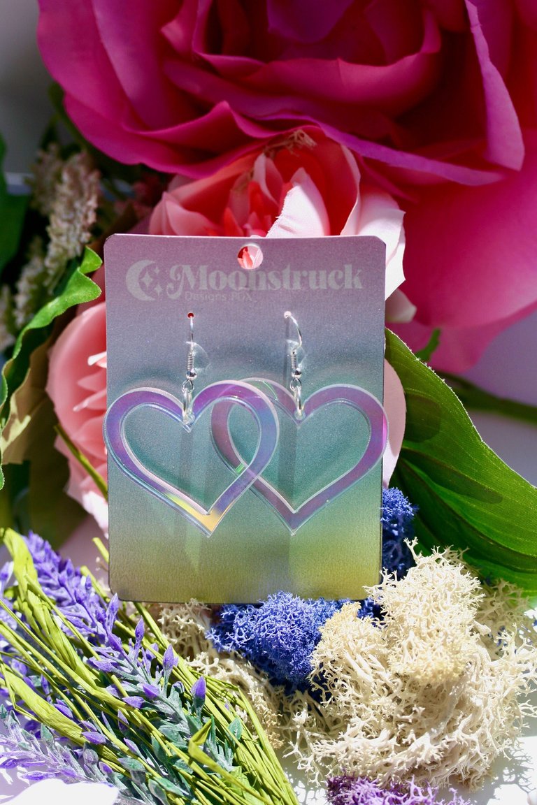 Heart Outline Earrings - Valentine Romantic Dreamy Cutout Emoji Lasercut Iridescent Reflective Rainbow Dangle Festival Rave Party Wear Holo - Rainbow