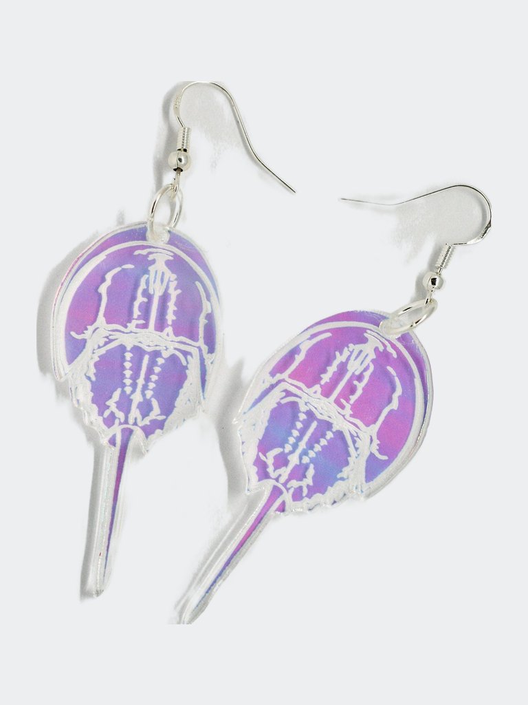 Horseshoe Crab Earrings -  Aquatic Marine Life Xiphosura Chelicerates Scientific Creature Nature Iridescent Reflective Rainbow Dangle - Multi