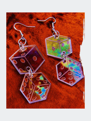 Iridescent Dice Earrings - Gambling Dominoes Shakers Bones Craps Casino Bet Las Vegas Gaming Lasercut Reflective Rainbow Dangle - Rainbow